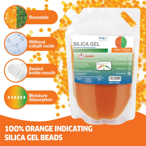 Two Pounds of Heavy Duty Silica Gel Desiccant Balls With Serious Moisture Soaking Capacity For Electronics And 3D Filament in an orange pouch.