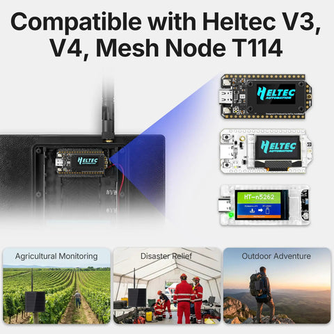 Kickass 5W Solar Outdoor Enclosure For Meshtastic Repeaters connects Heltec V3 V4 T114 for agricultural monitoring and disaster relief.