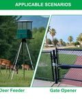 Heavy Duty Steel Battery Box With Two 12V 7Ah Lead Acid Cells For 12Volt To 24Volt Driveway Swing Gate Openers outlined with deer feeder and gate opener scenarios.