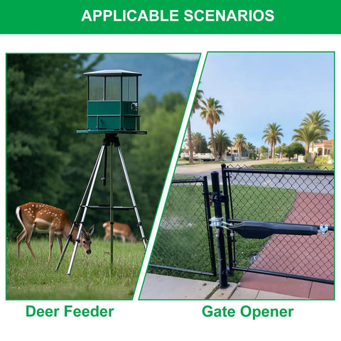 Heavy Duty Steel Battery Box With Two 12V 7Ah Lead Acid Cells For 12Volt To 24Volt Driveway Swing Gate Openers outlined with deer feeder and gate opener scenarios.