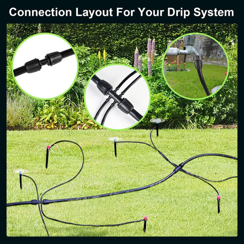 50 Feet 1/2 Inch Drip Irrigation Tubing Main Line Hose For Garden Watering System layout and connectors in lawn setup
