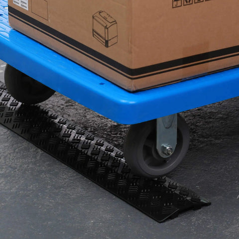 Small Floor Cord Cover And Cable Protector Drop Over Ramp One Channel PVC Black 38 Inch Long 5 Inch Wide Three Quarter Inch Tall Extendable With T Connector For Office And Warehouse under cart wheel
