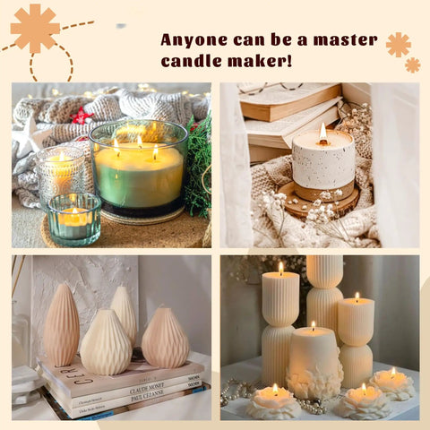 Four types of decorative candles displayed on a table, part of 2 In 1 All In One Candle And Soap Making Kit For Beginners With Melting Pot Wax.