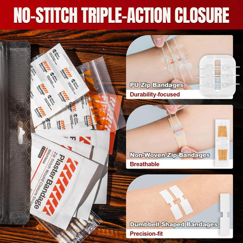 Rhino Rescue Wound Closure Kit front view: assorted bandages (butterfly, zip, dumbbell) and antibiotic ointment packets.