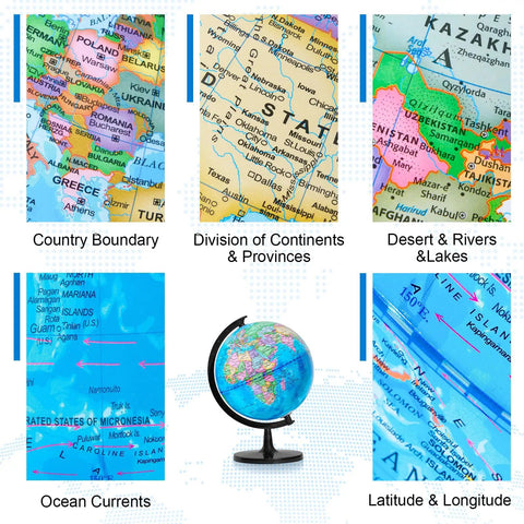 10 Inch Kids Globe For Learning, Durable Thick Base, 360 Degree Rotation, showing countries, provinces, ocean currents.