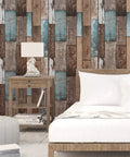 Bedroom with wood look grain plank peel and stick wallpaper 393 inches long by 17.7 inches wide self adhesive and removable rustic vintage.