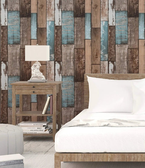 Bedroom with wood look grain plank peel and stick wallpaper 393 inches long by 17.7 inches wide self adhesive and removable rustic vintage.
