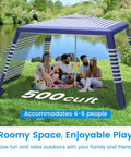 8x8 Beach Cabana With Side Wall Sun Shelter, Easy Setup And UPF Fifty Sun Protection, navy stripes, outdoors with friends