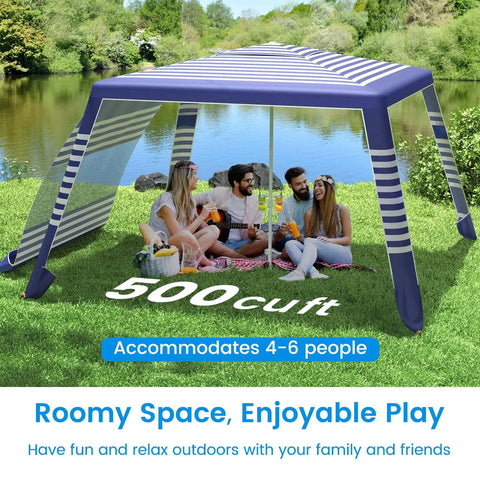 8x8 Beach Cabana With Side Wall Sun Shelter, Easy Setup And UPF Fifty Sun Protection, navy stripes, outdoors with friends