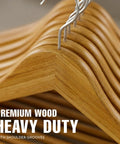 Premium Wooden Coat Hangers 50 Pack For Closet Organization with contoured shoulders and rotatable hooks in natural wood