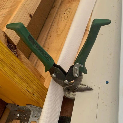 Right Upright Aviation Snips For Tin And Sheet Metal With Forged Blades And Kush N Power Comfort Grips in use on wood panel.
