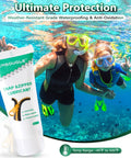 Zipper Lubricant For Plastic And Metal With Silicone Grease And Applicator Brush, tube displayed near snorkelers underwater.