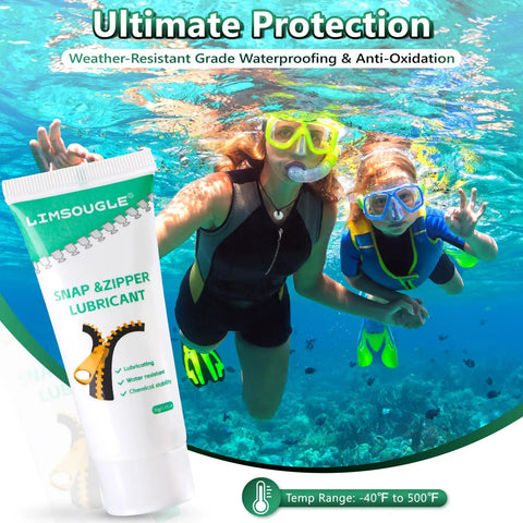 Zipper Lubricant For Plastic And Metal With Silicone Grease And Applicator Brush, tube displayed near snorkelers underwater.