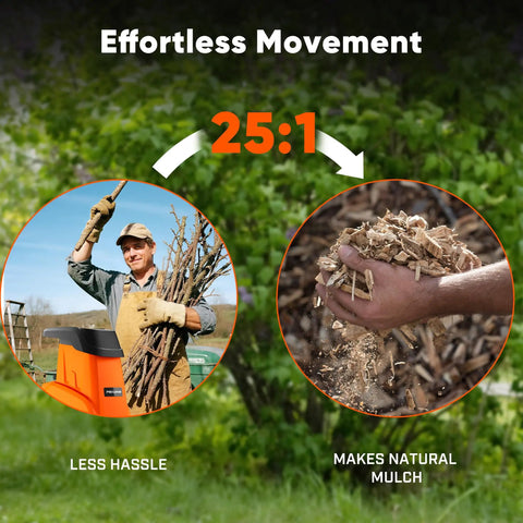 Heavy Duty 15 Amp Electric Wood Chipper Shredder With 50 Liter Bag 1.8 Inch Cutting Diameter 25 To 1 Reduction Portable Wheels For Easy Yard Cleanup Of Branches And Debris Durable Orange Finish shows making mulch from branches using 25 to 1 reduction.