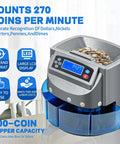 Slick Automatic Coin Counter And Wrapping Machine Featuring No Fuss LCD Screen And Fast Lane Sorting Action handles 270 coins per minute.