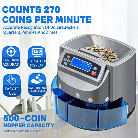 Slick Automatic Coin Counter And Wrapping Machine Featuring No Fuss LCD Screen And Fast Lane Sorting Action handles 270 coins per minute.