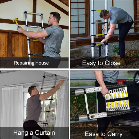 Telescoping Ladder 12.5 Foot Aluminum Extension Ladder With Independent Locking Mechanism in various uses and settings.