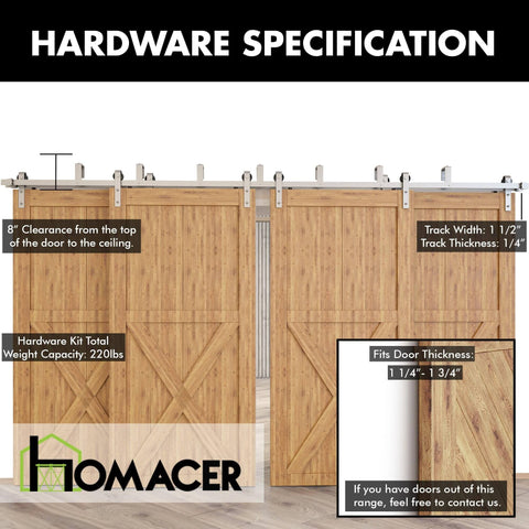 Brushed Nickel Double Track U Shape Bypass Sliding Barn Door Hardware Kit for Four Doors 8ft Flat Track Installed View