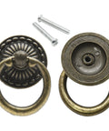 Front and back view of 12 Pieces Antique Bronze Drawer Ring Pulls With Flower Pattern, 1.38 Inch Diameter, Includes 12 Screws.