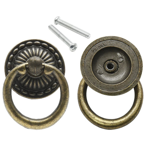 Front and back view of 12 Pieces Antique Bronze Drawer Ring Pulls With Flower Pattern, 1.38 Inch Diameter, Includes 12 Screws.