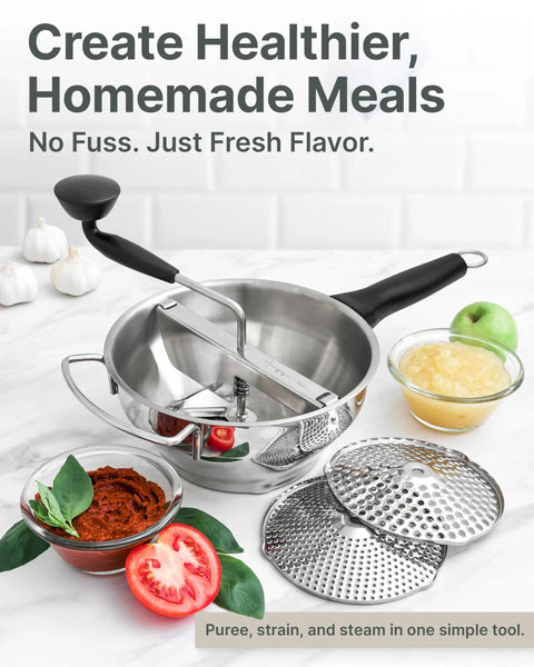 Compact Stainless Steel Food Mill With Three Discs Ergonomic Rotary Hand Crank And Removable Handles For Tomato Sauce Applesauce