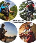 Four activities: hiking with backpack, cycling with helmet, fishing by lake, and camping with tent; outdoor gear focus.