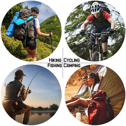 Four activities: hiking with backpack, cycling with helmet, fishing by lake, and camping with tent; outdoor gear focus.