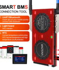LiFePO4 4S 12V 250A Smart BMS Board with balance leads and wireless module featuring real-time battery management system display.