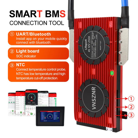 LiFePO4 4S 12V 250A Smart BMS Board with balance leads and wireless module featuring real-time battery management system display.