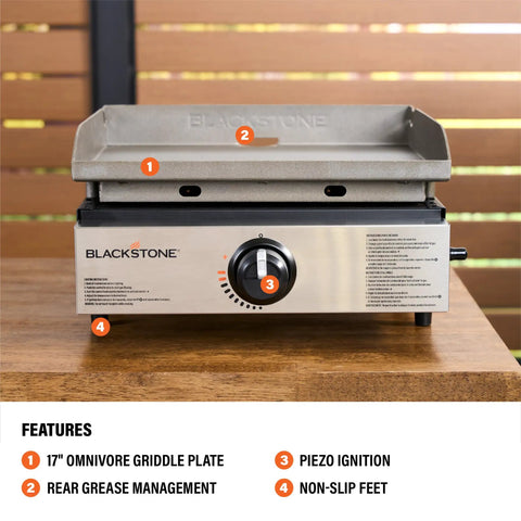 Portable 17 Inch Tabletop Griddle With Stainless Front Plate And Powder Coated Steel, lightweight design on a wooden table.