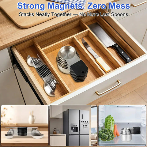 Magnetic Measuring Cups And Spoons Set For Kitchen Use With Nesting Design And Readable Measurements in an open drawer