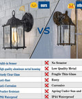 Comparison of 2 Pack Dusk To Dawn Outdoor Wall Mount Light Fixtures with clear glass in black finish versus competitor's product.