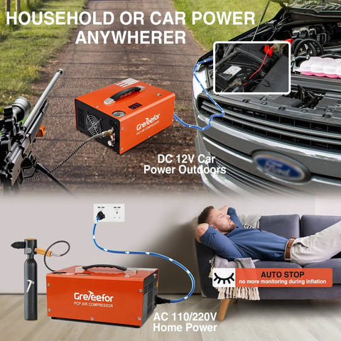 Portable PCP Air Compressor 4500Psi 350W Oil Free Fast Fill Pump With Auto Shut Off Dual Power 12V DC And 110V AC For Paintball Air Rifle And HPA Tanks Safe And Reliable High Performance Gear