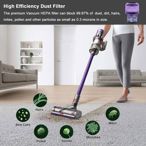 Person vacuuming carpet with Dyson using Two Pack Vacuum Filter Replacements For Dyson V11 Outsize Series That Keep Your Power Suction Strong Easy Install And Your Home Cleaning On Point Like New Compared To 97042201