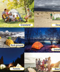 Collage of camping setups on grassland, desert, rocky ground, snowfield, forest, and beach with Heavy Duty Tent Stakes Kit.