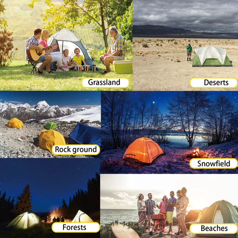 Collage of camping setups on grassland, desert, rocky ground, snowfield, forest, and beach with Heavy Duty Tent Stakes Kit.