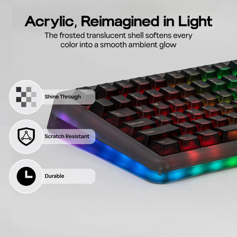 75 Percent Mechanical Keyboard With Top Shelf Frosted Acrylic Casing And Creamy Gasket Mount Smooth Wireless Gaming Board With Massive Battery Life RGB shine through caps and glowing edges.