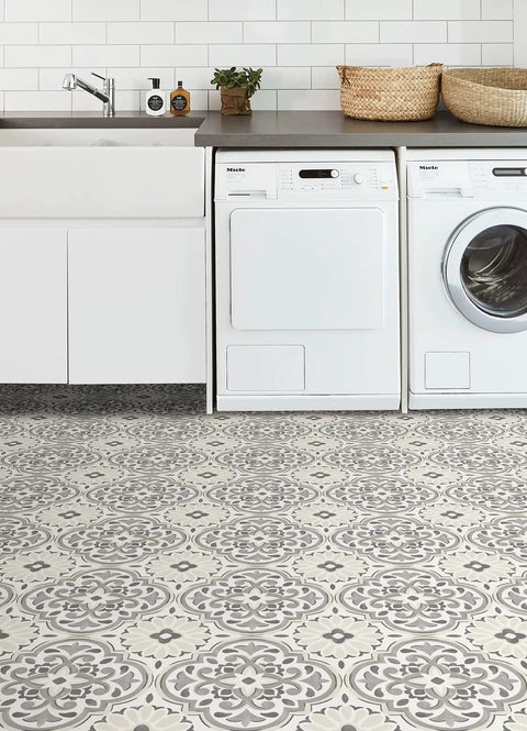 Grey and cream peel and stick vinyl floor tiles for a modern farmhouse vibe no tools needed easy install with permanent adhesive