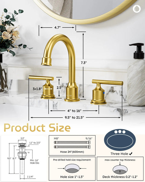 Diagram showing dimensions of Gold 3 Hole Widespread Bathroom Faucet with 8 Inch Centers Two Handle Brass Vanity Tap Antique Style With Pop Up Drain.