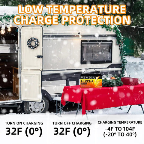RV with Beefy 12V 100Ah LiFePO4 Battery With Built In 100A BMS in winter setting, showcasing low temperature protection