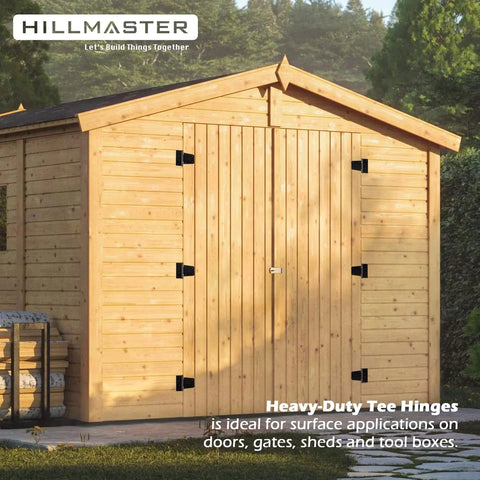 Wooden shed with 3.5 Inch Heavy Duty Gate Hinges Black Strap Hinges, ideal for indoor outdoor use and durability on doors and fences.