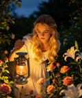 Girl holding Antique Style Battery Operated Lanterns 2 Pack With IP65 Waterproof Rating in a garden with flowers at night