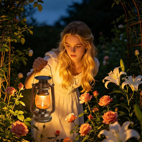 Girl holding Antique Style Battery Operated Lanterns 2 Pack With IP65 Waterproof Rating in a garden with flowers at night