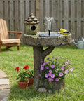 Solar Powered Bird Fountain With Birdhouse And LED Lights For Easy Setup Outdoor Gardens 29.5 Inch Resin Waterfall Feature Gentle Single Tier Water Flow For Patio And Yard Rustic Bird Bath with flowers