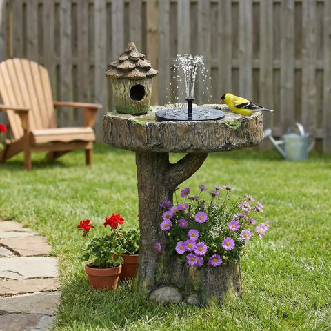 Solar Powered Bird Fountain With Birdhouse And LED Lights For Easy Setup Outdoor Gardens 29.5 Inch Resin Waterfall Feature Gentle Single Tier Water Flow For Patio And Yard Rustic Bird Bath with flowers