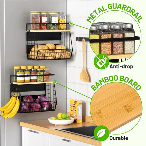 Magnetic Fridge Shelf With Wood Lid Durable Fruit Potato And Onion Storage Bins Pantry Organizer For Refrigerator Kitchen Counter And Cabinet Large Magnetic Spice Rack For Easy Refrigerator Organization, shown with spice jars and produce.