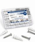 120 Piece Self Drilling Drywall Anchors And Screws Kit No 8 By One And One Quarter Inch Packed With Reinforced Nylon And Glass For Ultra Easy Install No Pilot Hole Required And Heavy Duty Holds Up To Seventy Five Lbs. clear case with white anchors and stainless screws