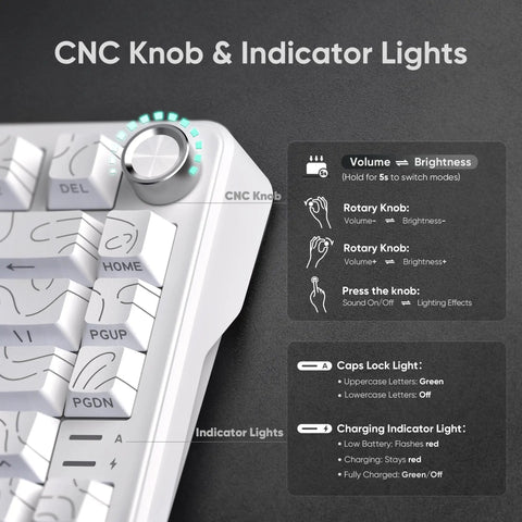 CNC knob and indicator lights details on Dope Tri Mode Wireless Mechanical Keyboard With Hot Swappable Prelubed Coconut Switches.