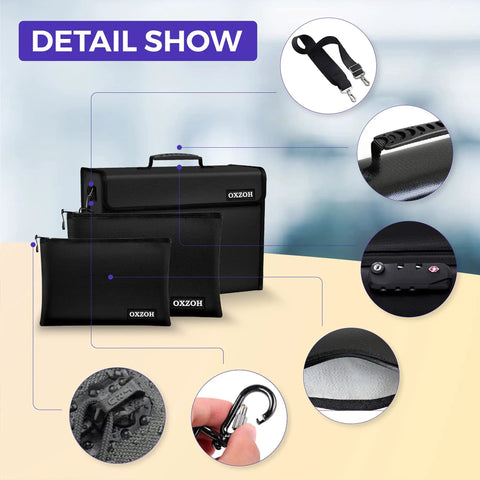 Fireproof Lockable Document Bag With TSA Approval Water Resistant XXL Safe Box, three sizes with close-up details