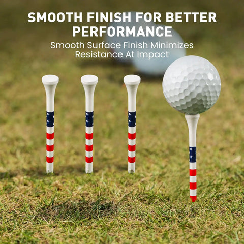 Wood Golf Tees Set In 2 3/4 Inch And 3 1/4 Inch Sizes, Durable Bamboo Tees With Bright Stripes In USA Flag Edition on grass